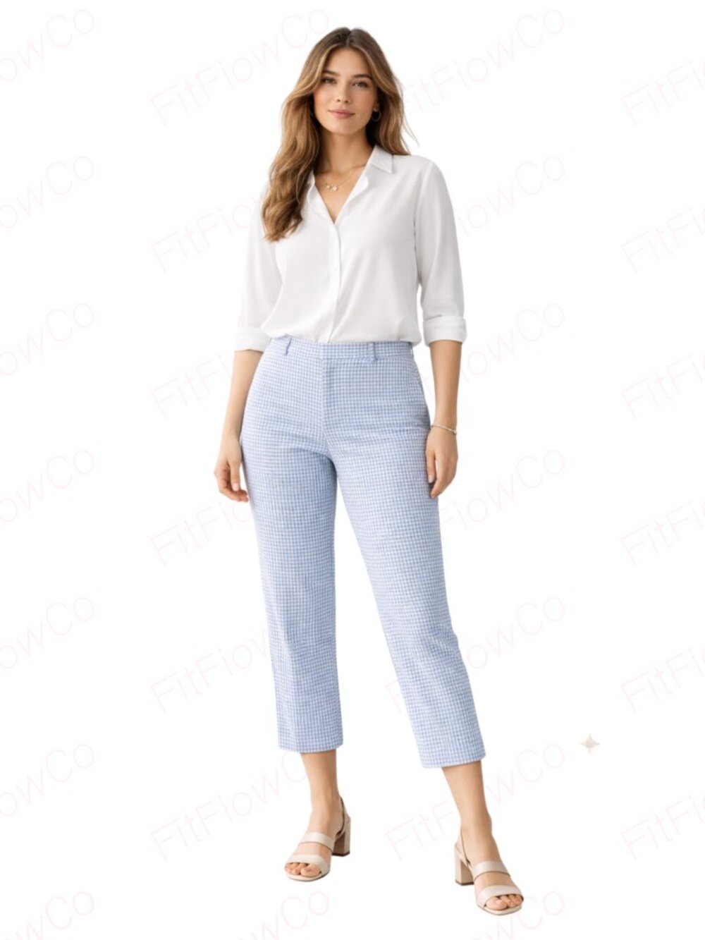 Zac & Rachel Blue White Gingham Pull-On Cropped Pants Size 12 Stretch